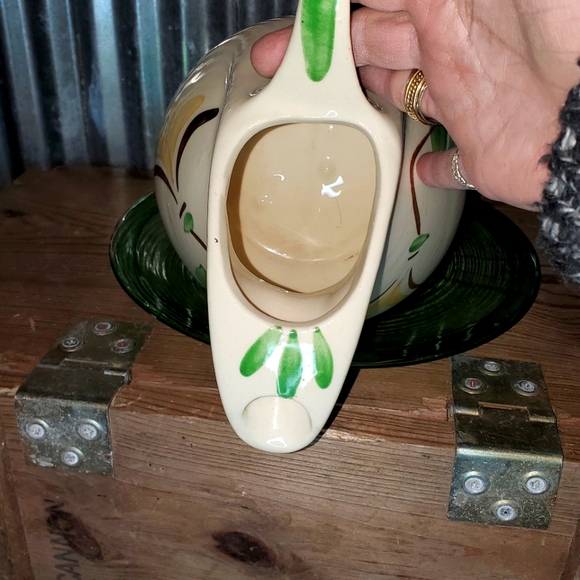 Vintage Stylized Ceramic Pitcher & Optic Green Art Glass Platter - Picture 3 of 11